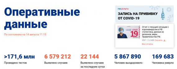 Число заболевших коронавирусом на 14 августа 2021 года в России