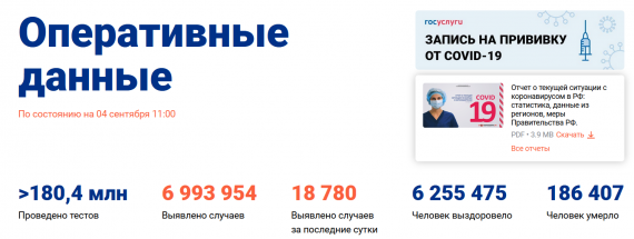 Число заболевших коронавирусом на 04 сентября 2021 года в России