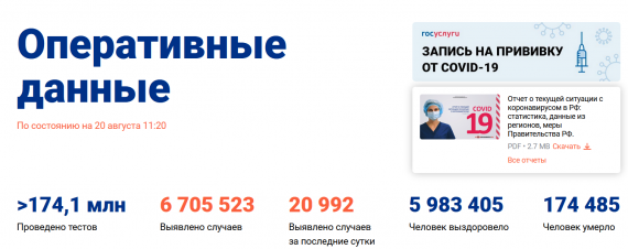 Число заболевших коронавирусом на 20 августа 2021 года в России