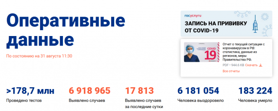 Число заболевших коронавирусом на 31 августа 2021 года в России