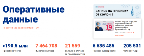 Число заболевших коронавирусом на 28 сентября 2021 года в России