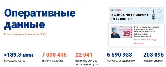 Число заболевших коронавирусом на 25 сентября 2021 года в России