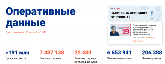 Число заболевших коронавирусом на 29 сентября 2021 года в России
