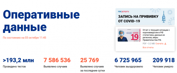 Число заболевших коронавирусом на 03 октября 2021 года в России