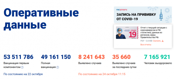 Число заболевших коронавирусом на 24 октября 2021 года в России