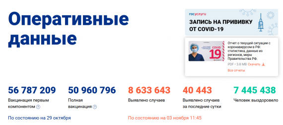 Число заболевших коронавирусом на 03 ноября 2021 года в России