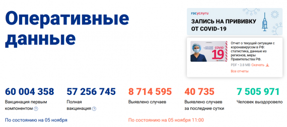 Число заболевших коронавирусом на 05 ноября 2021 года в России